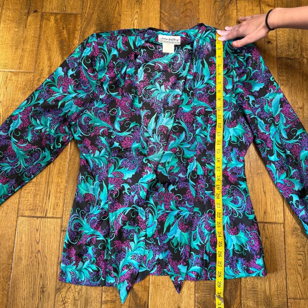 VTG Joan Walters Teal Pink Colorful Leaf Floral Print Button Up Blouse Sz 16 - Picture 3 of 5